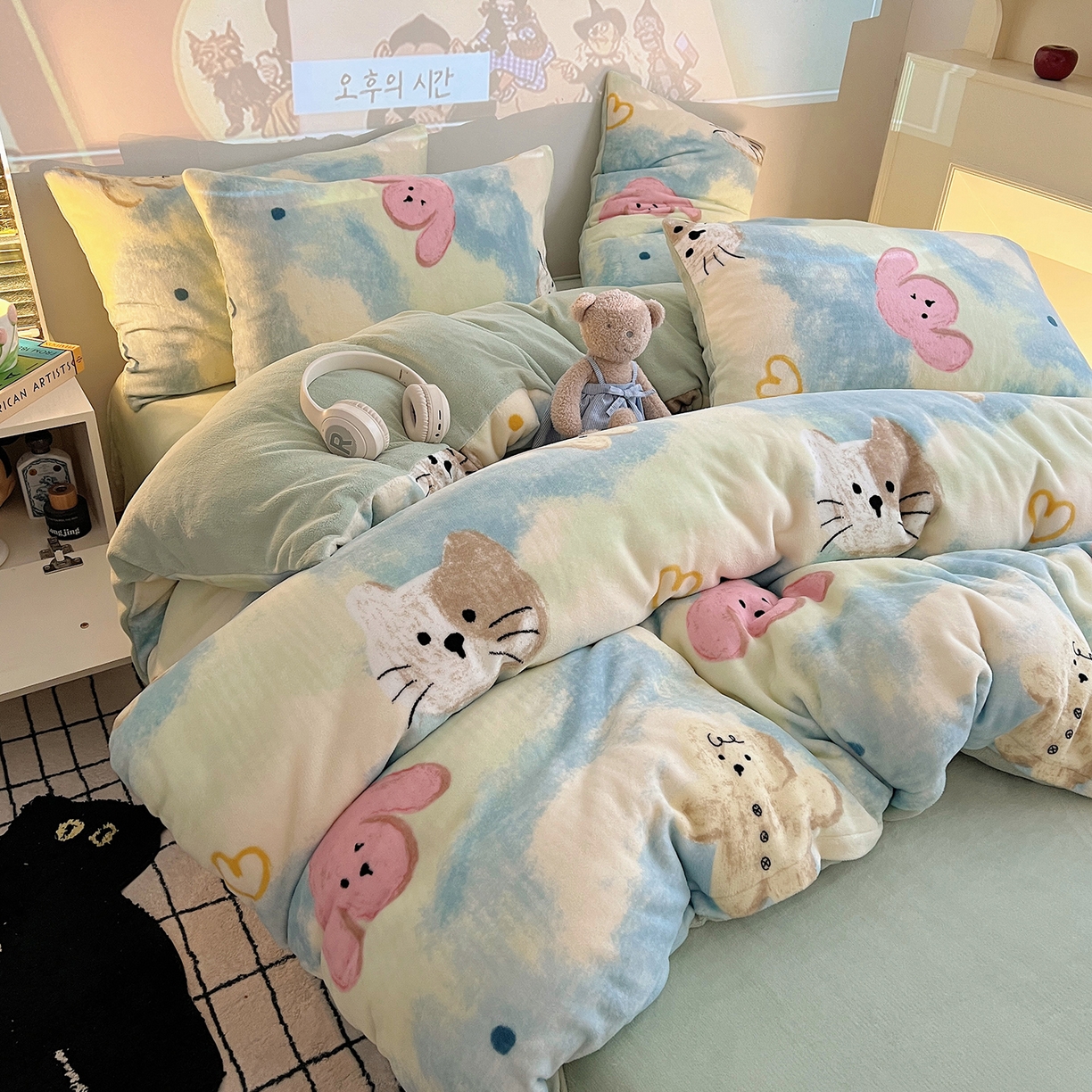 91家纺网 家纺一手货源 找家纺 瑞莱 2025新款A类200克高克重秋冬印花牛奶绒四件套-卡通系列 绒蜡笔画