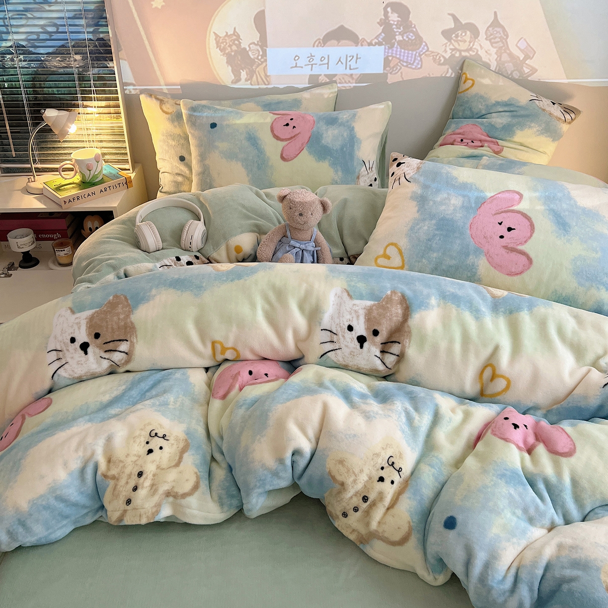 91家纺网 家纺一手货源 找家纺 瑞莱 2025新款A类200克高克重秋冬印花牛奶绒四件套-卡通系列 绒蜡笔画