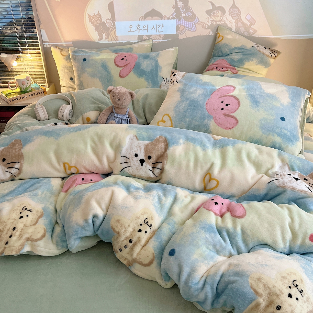 91家纺网 家纺一手货源 找家纺 瑞莱 2025新款A类200克高克重秋冬印花牛奶绒四件套-卡通系列 绒蜡笔画