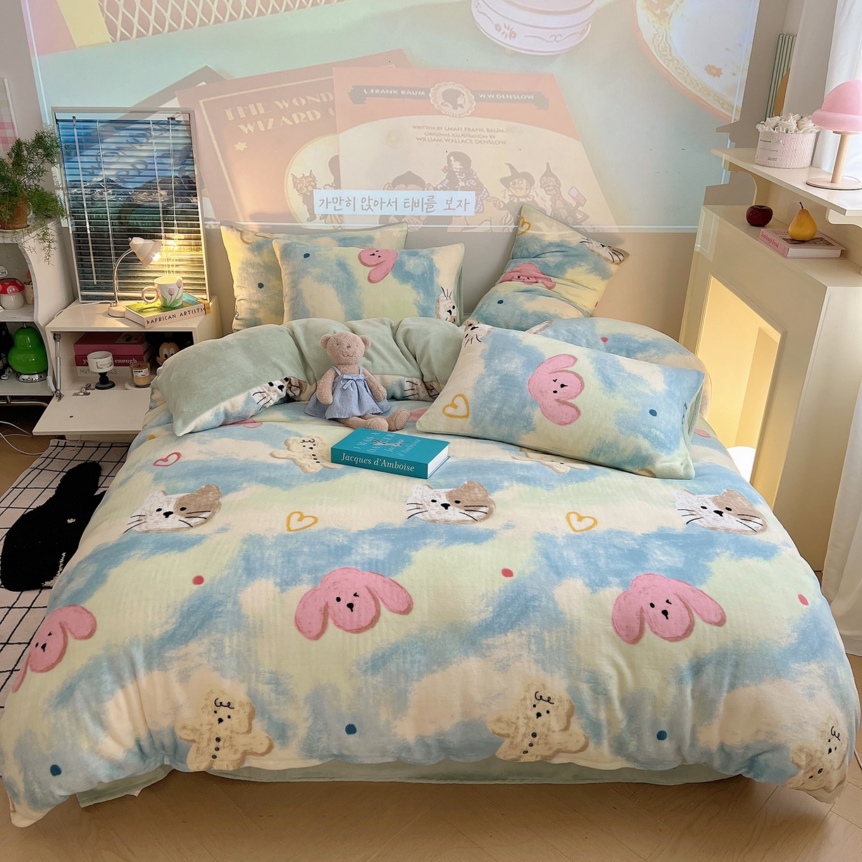 91家纺网 家纺一手货源 找家纺 瑞莱 2025新款A类200克高克重秋冬印花牛奶绒四件套-卡通系列 绒蜡笔画