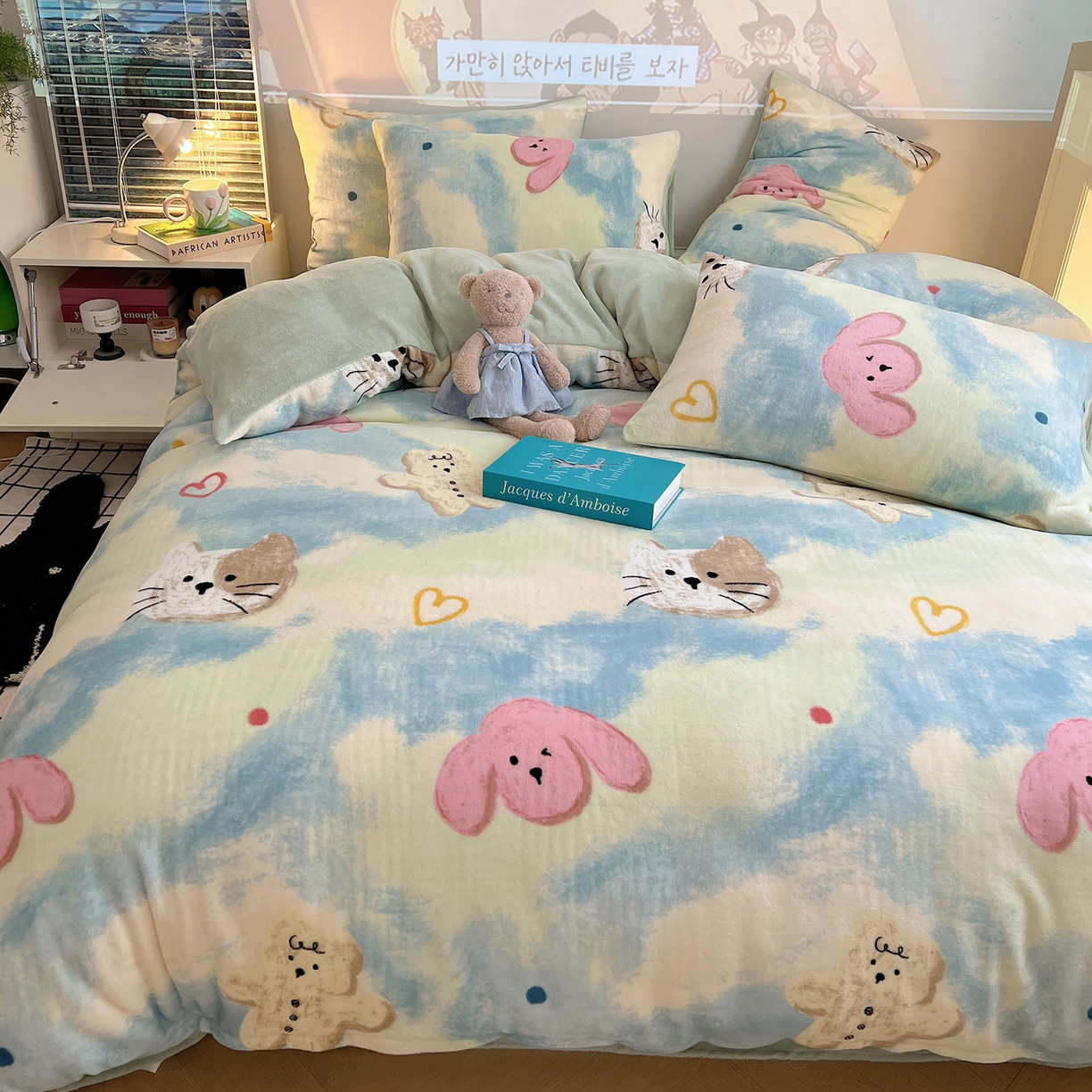 91家纺网 家纺一手货源 找家纺 瑞莱 2025新款A类200克高克重秋冬印花牛奶绒四件套-卡通系列 绒蜡笔画