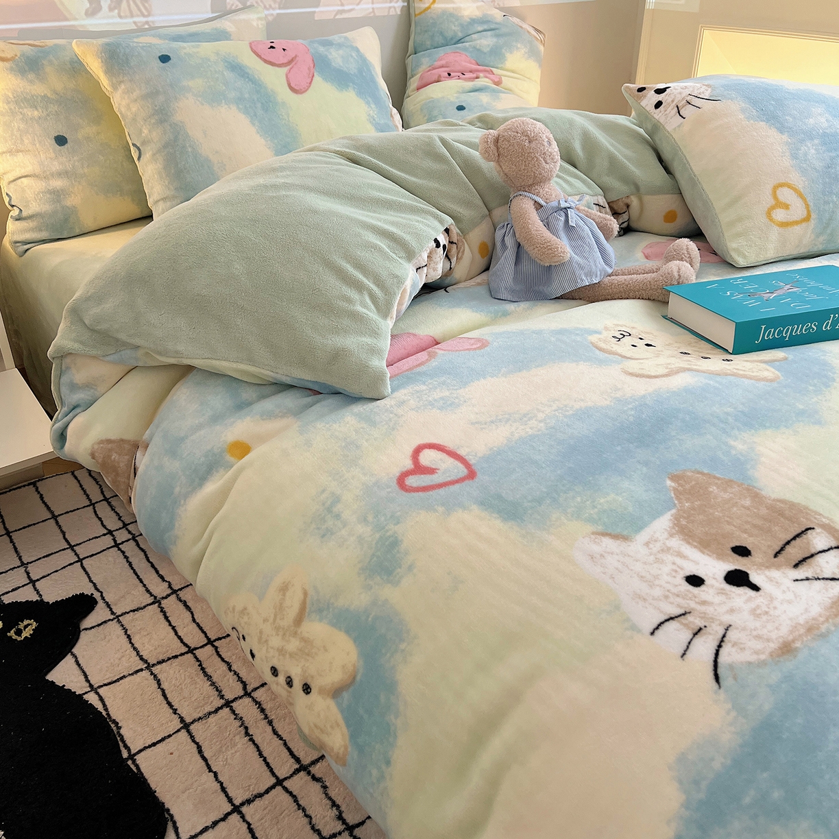 91家纺网 家纺一手货源 找家纺 瑞莱 2025新款A类200克高克重秋冬印花牛奶绒四件套-卡通系列 绒蜡笔画