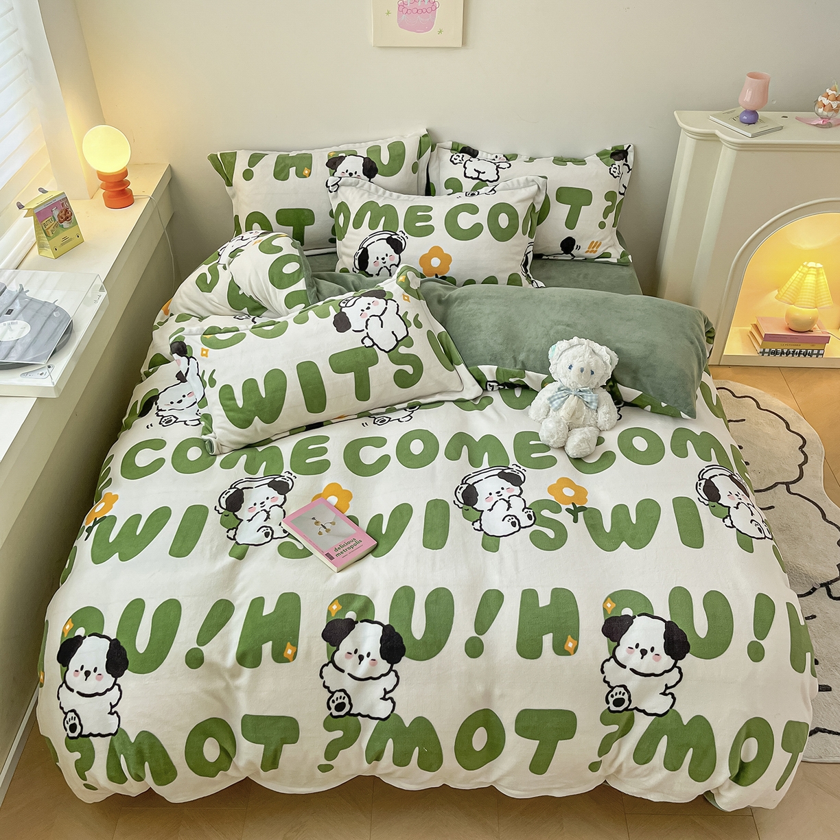 91家纺网 家纺一手货源 找家纺 瑞莱 2025新款A类200克高克重秋冬印花牛奶绒四件套-卡通系列 绒皮皮狗