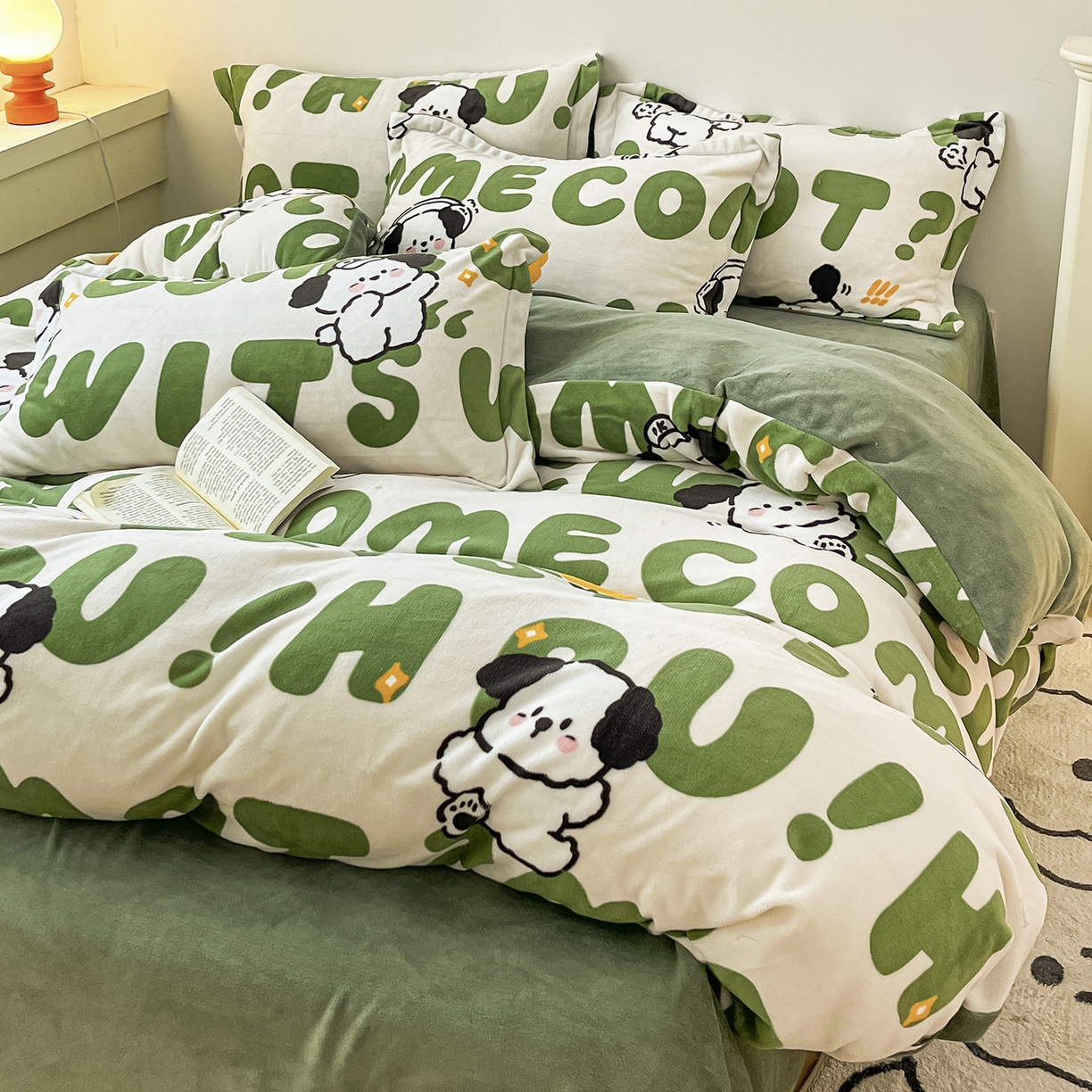 91家纺网 家纺一手货源 找家纺 瑞莱 2025新款A类200克高克重秋冬印花牛奶绒四件套-卡通系列 绒皮皮狗