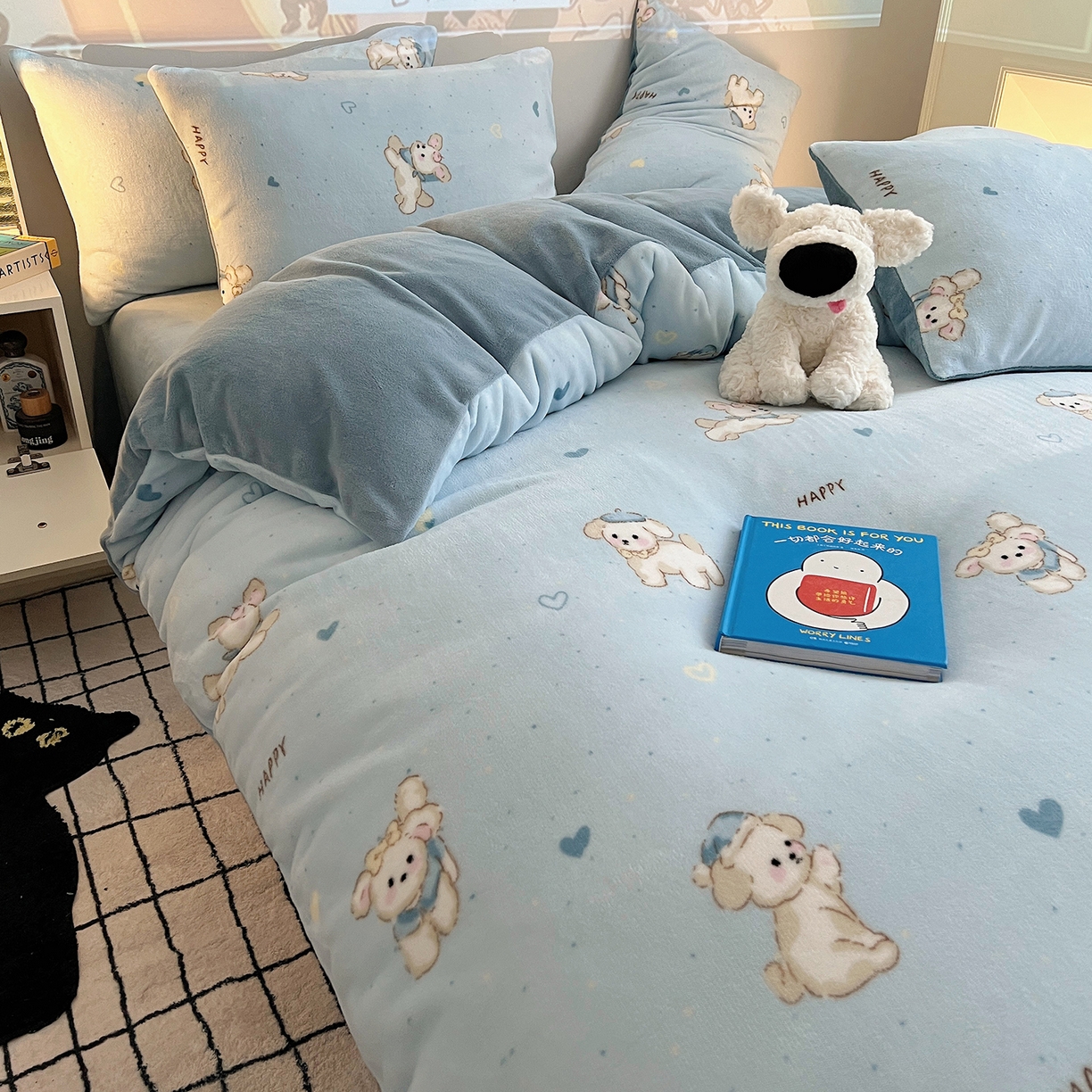 91家纺网 家纺一手货源 找家纺 瑞莱 2025新款A类200克高克重秋冬印花牛奶绒四件套-卡通系列 绒小奶狗