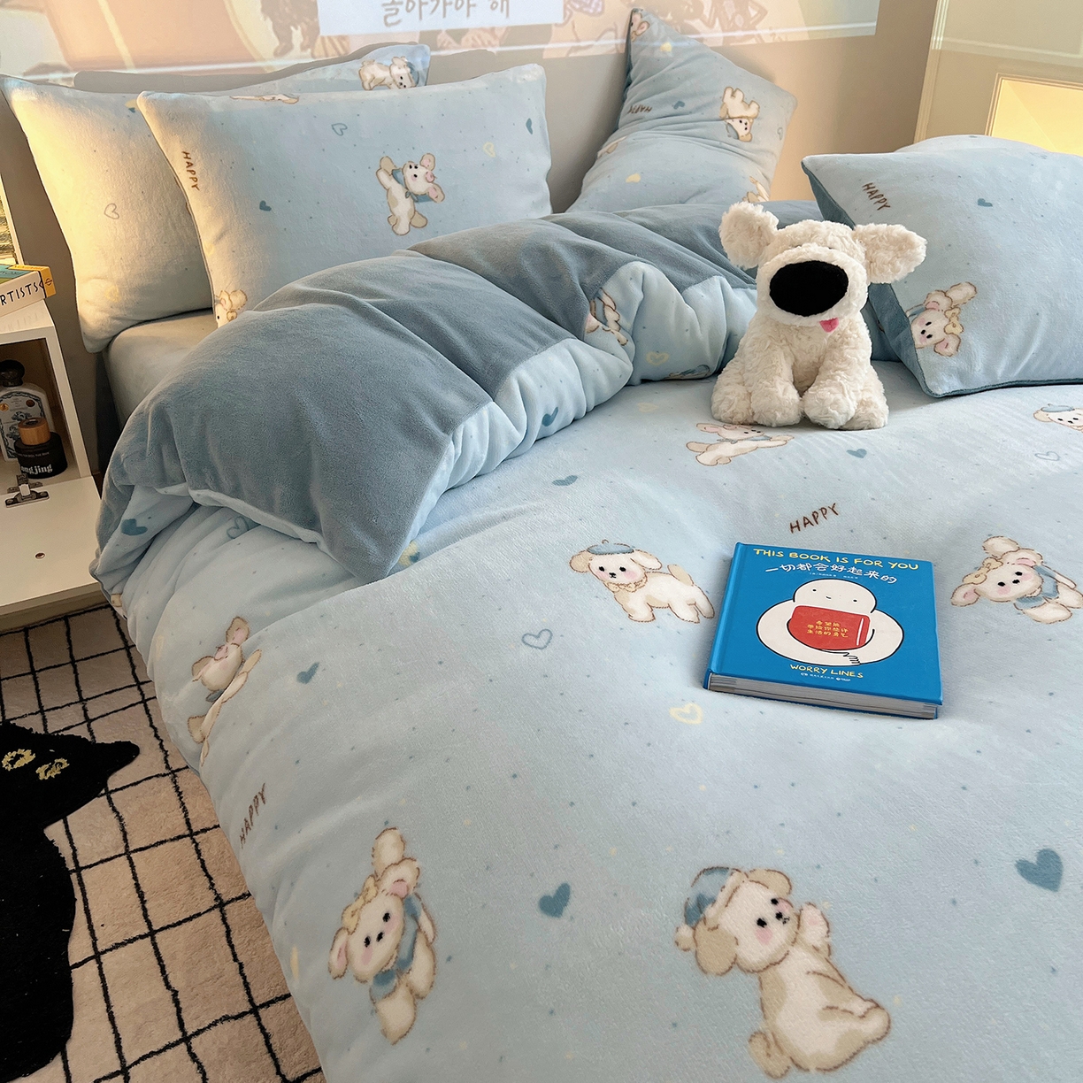 91家纺网 家纺一手货源 找家纺 瑞莱 2025新款A类200克高克重秋冬印花牛奶绒四件套-卡通系列 绒小奶狗