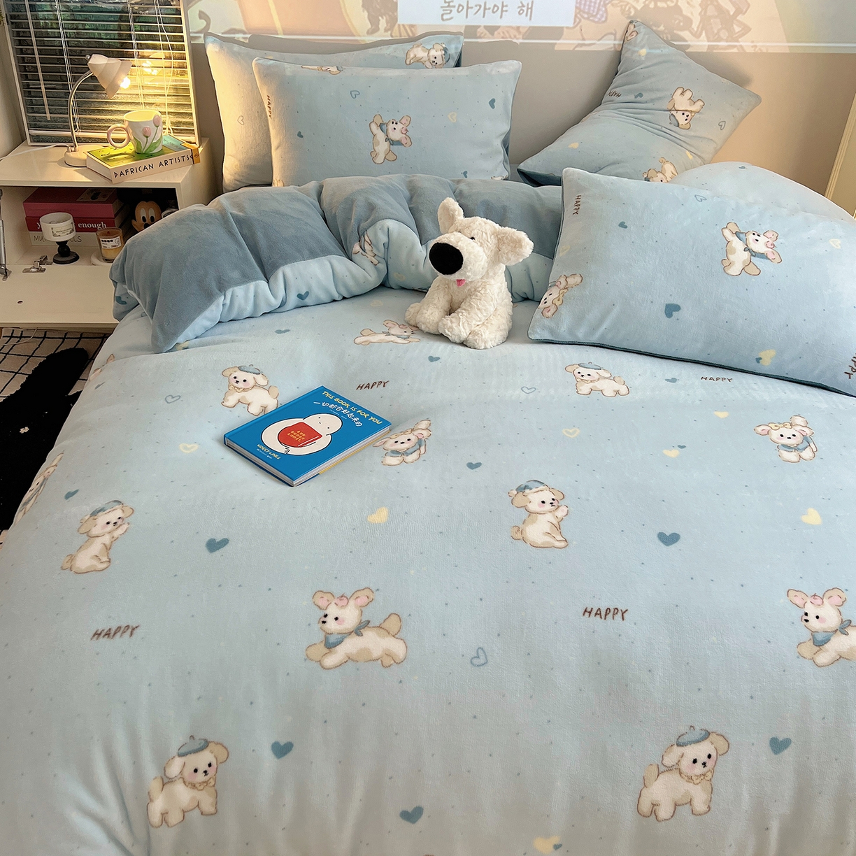 91家纺网 家纺一手货源 找家纺 瑞莱 2025新款A类200克高克重秋冬印花牛奶绒四件套-卡通系列 绒小奶狗