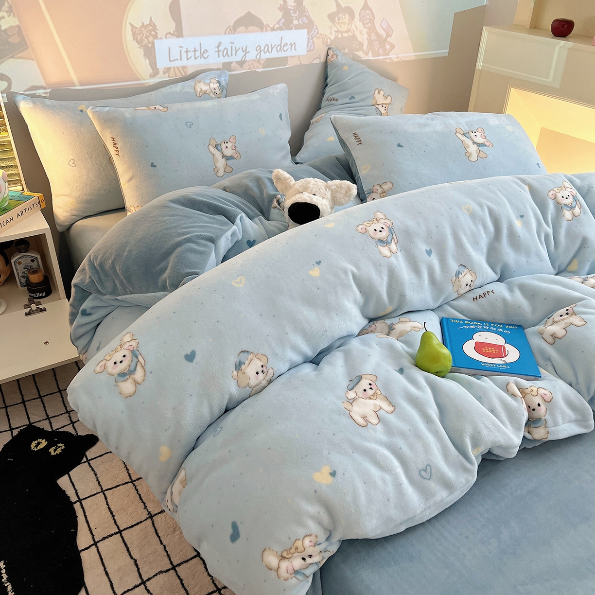 91家纺网 家纺一手货源 找家纺 瑞莱 2025新款A类200克高克重秋冬印花牛奶绒四件套-卡通系列 绒小奶狗