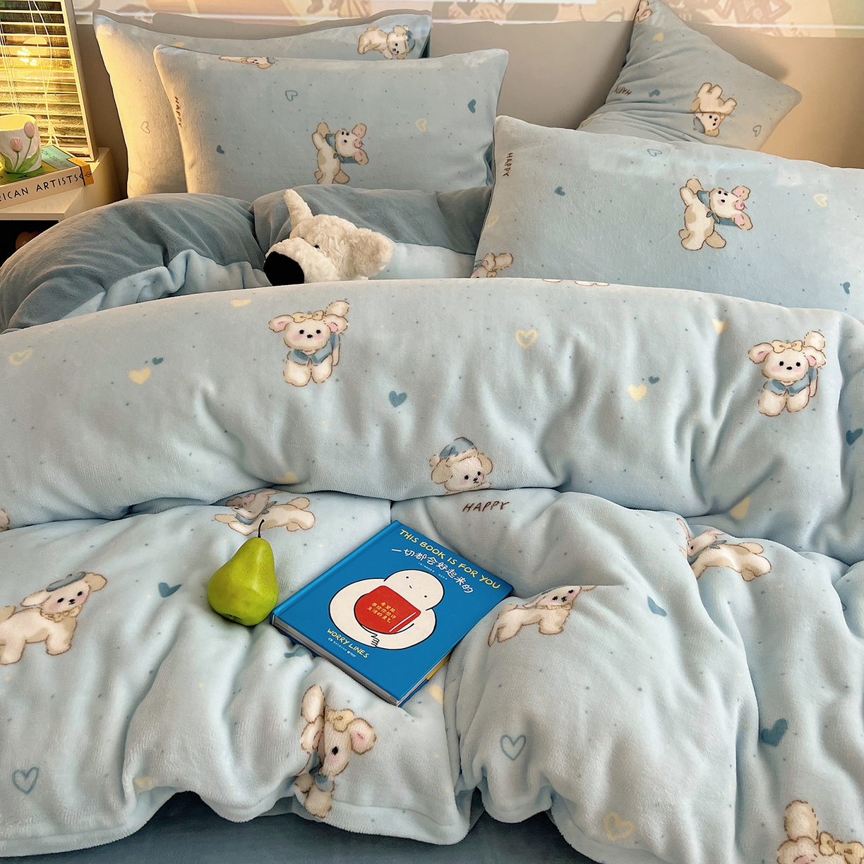 91家纺网 家纺一手货源 找家纺 瑞莱 2025新款A类200克高克重秋冬印花牛奶绒四件套-卡通系列 绒小奶狗