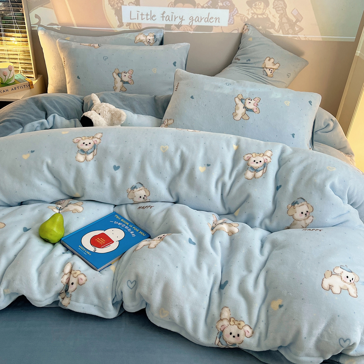 91家纺网 家纺一手货源 找家纺 瑞莱 2025新款A类200克高克重秋冬印花牛奶绒四件套-卡通系列 绒小奶狗