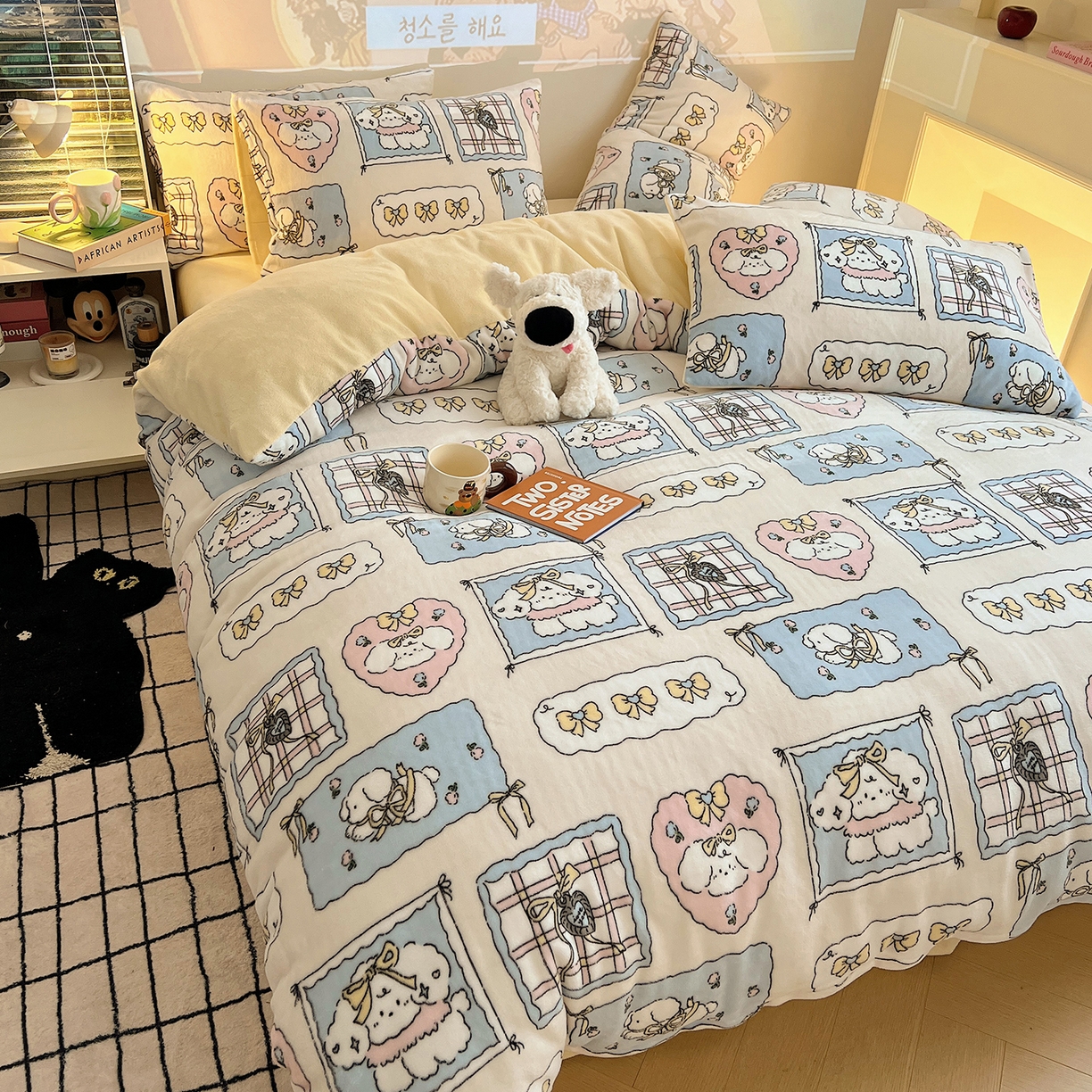 91家纺网 家纺一手货源 找家纺 瑞莱 2025新款A类200克高克重秋冬印花牛奶绒四件套-卡通系列 绒小泡芙