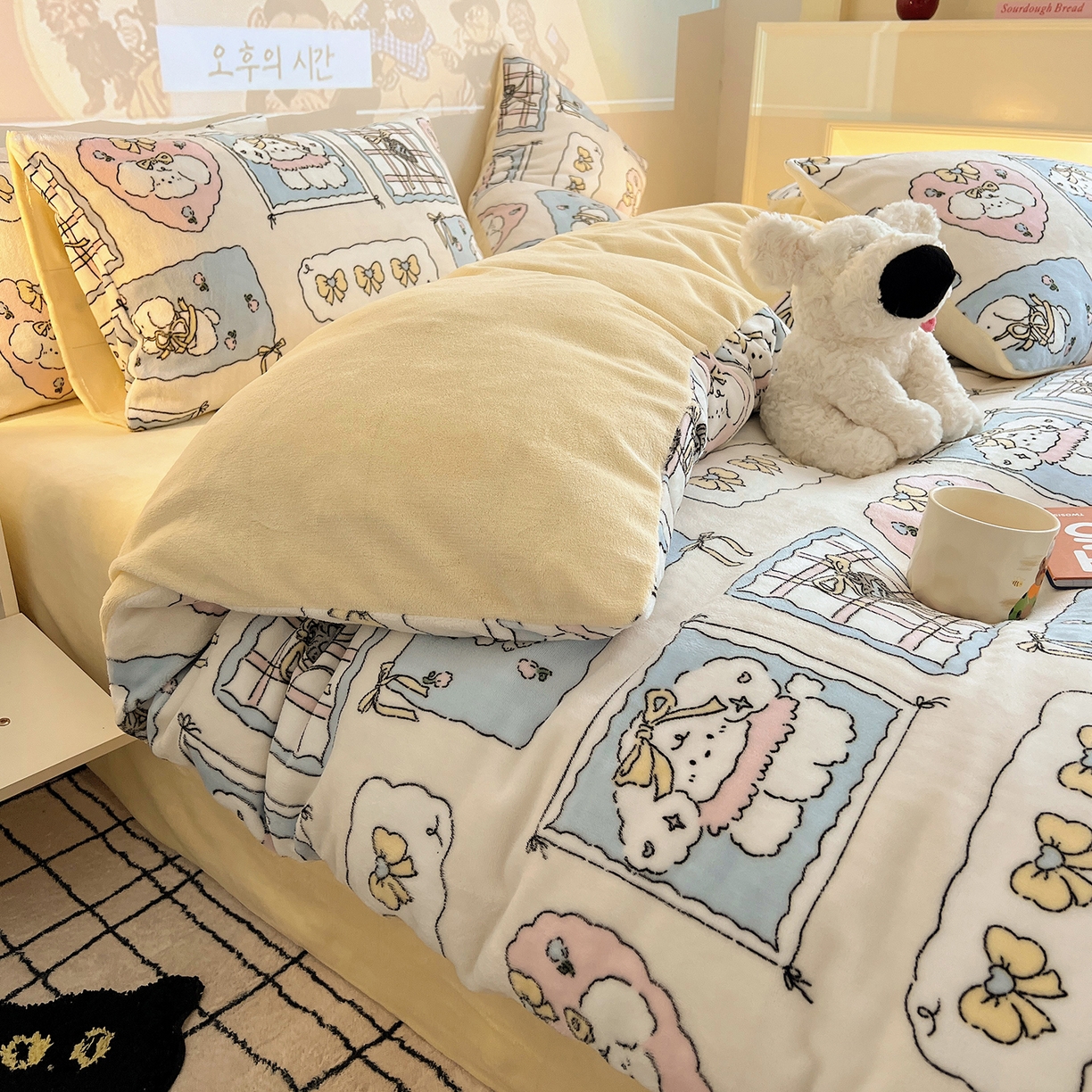 91家纺网 家纺一手货源 找家纺 瑞莱 2025新款A类200克高克重秋冬印花牛奶绒四件套-卡通系列 绒小泡芙