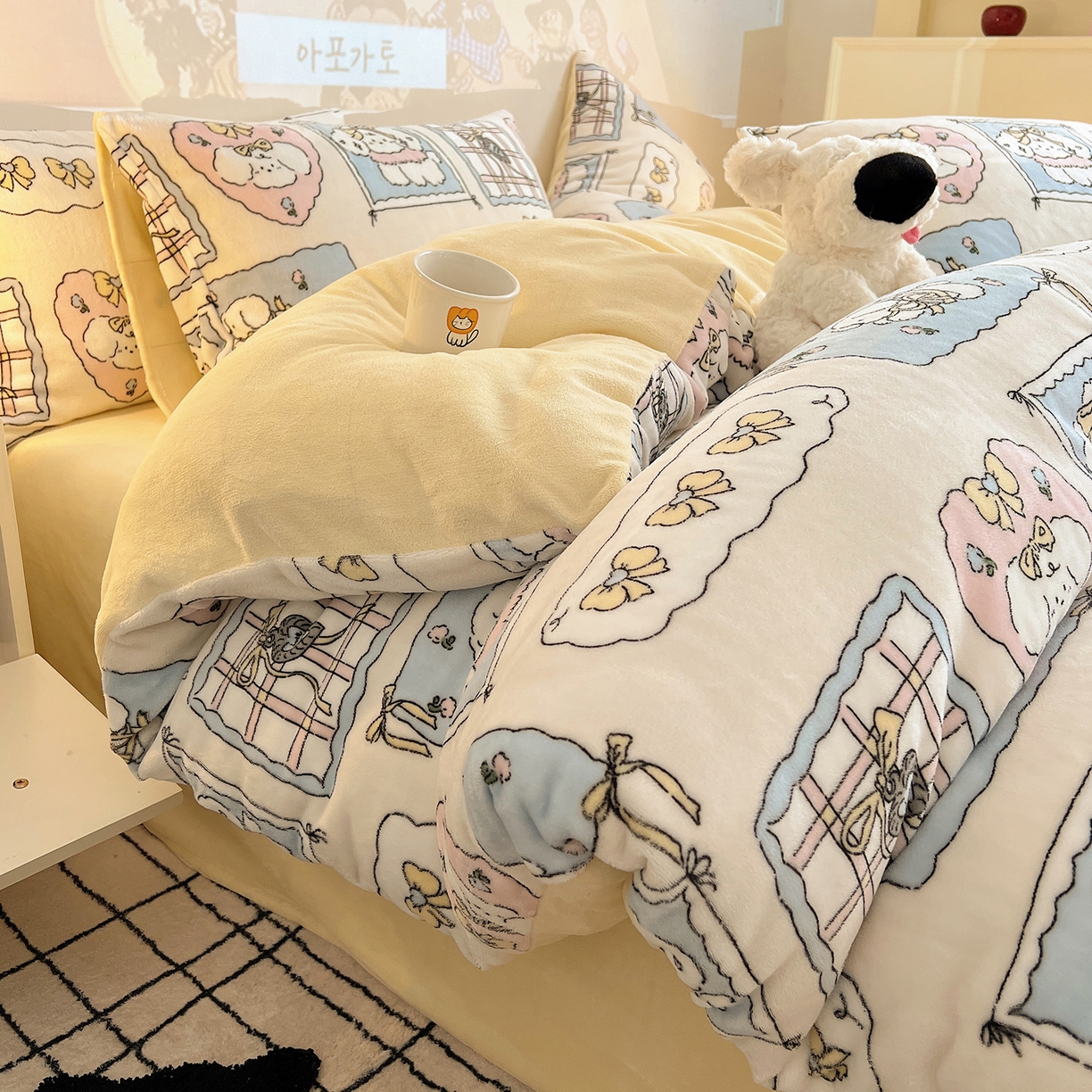 91家纺网 家纺一手货源 找家纺 瑞莱 2025新款A类200克高克重秋冬印花牛奶绒四件套-卡通系列 绒小泡芙