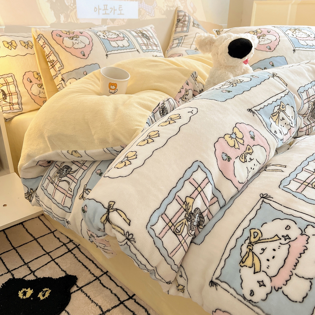 91家纺网 家纺一手货源 找家纺 瑞莱 2025新款A类200克高克重秋冬印花牛奶绒四件套-卡通系列 绒小泡芙