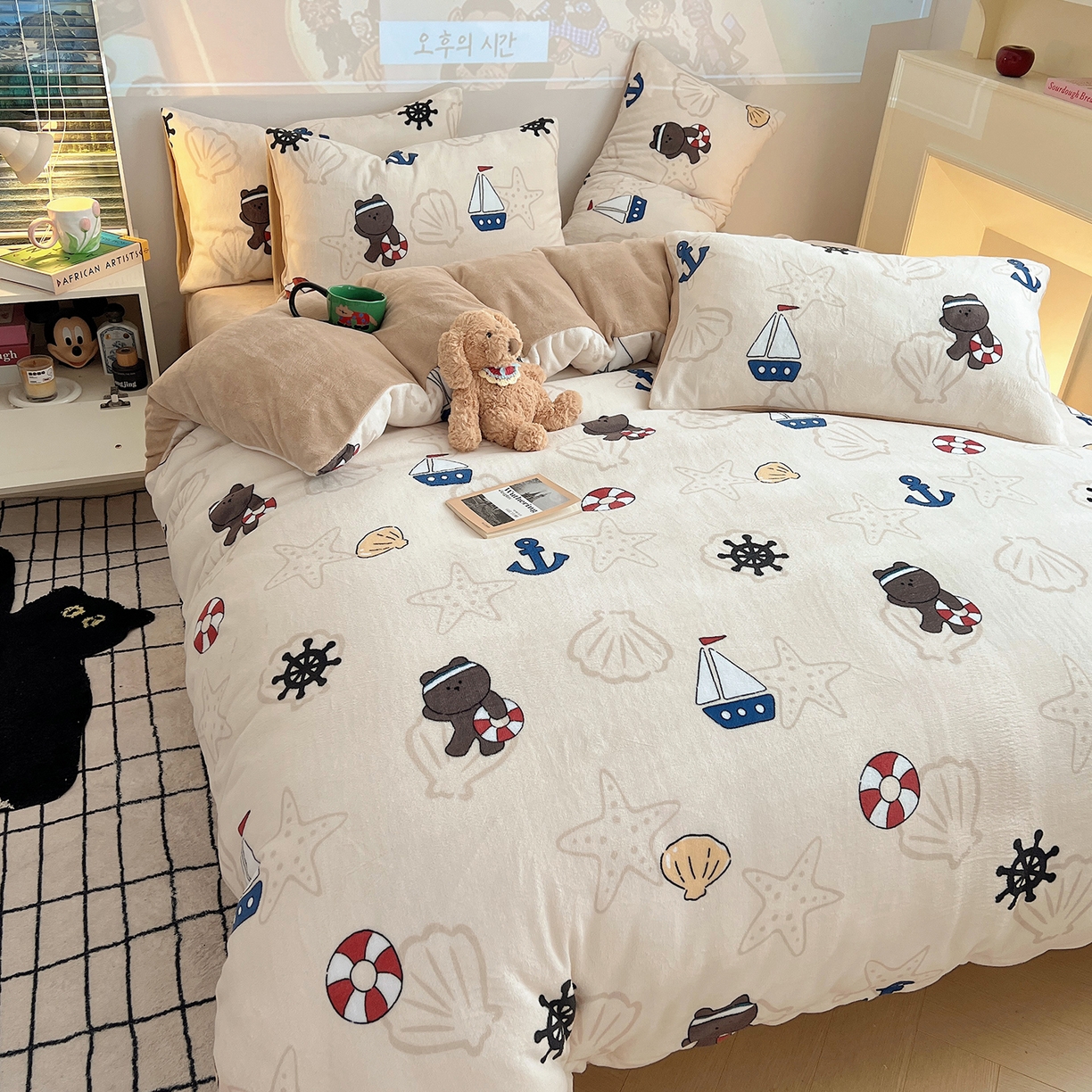 91家纺网 家纺一手货源 找家纺 瑞莱 2025新款A类200克高克重秋冬印花牛奶绒四件套-卡通系列 远航