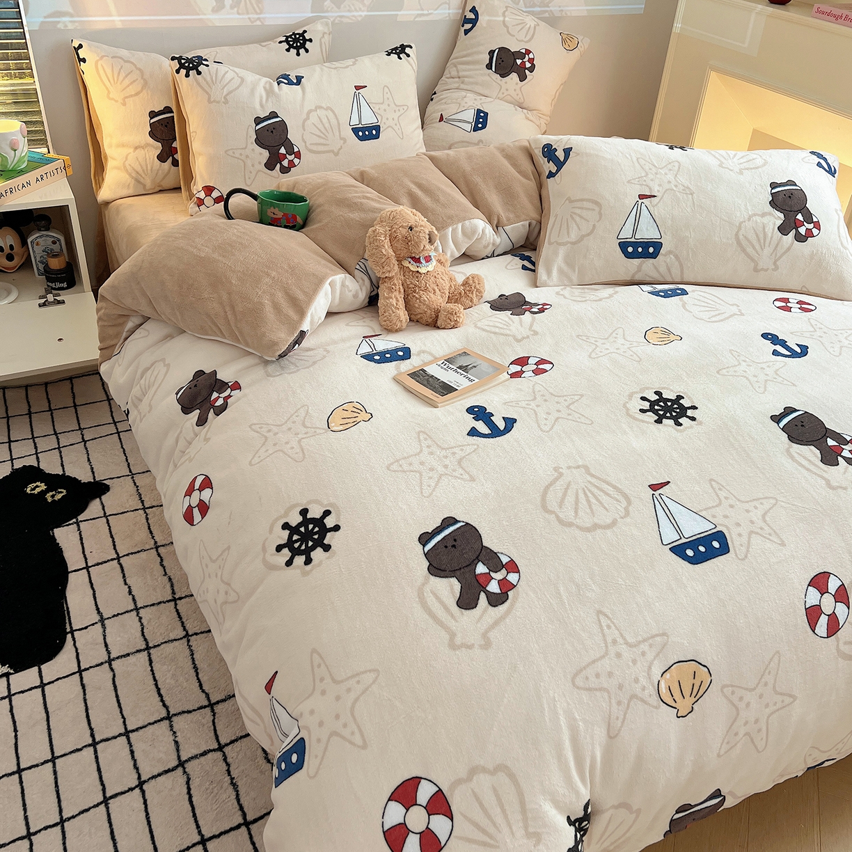 91家纺网 家纺一手货源 找家纺 瑞莱 2025新款A类200克高克重秋冬印花牛奶绒四件套-卡通系列 远航