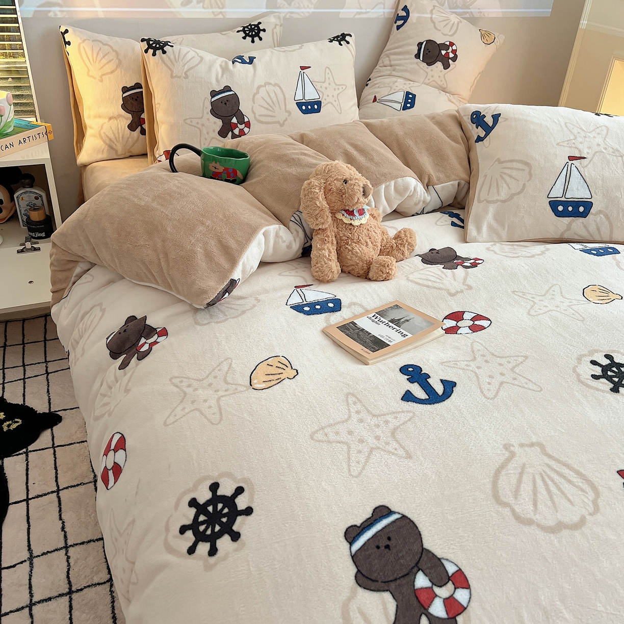 91家纺网 家纺一手货源 找家纺 瑞莱 2025新款A类200克高克重秋冬印花牛奶绒四件套-卡通系列 远航