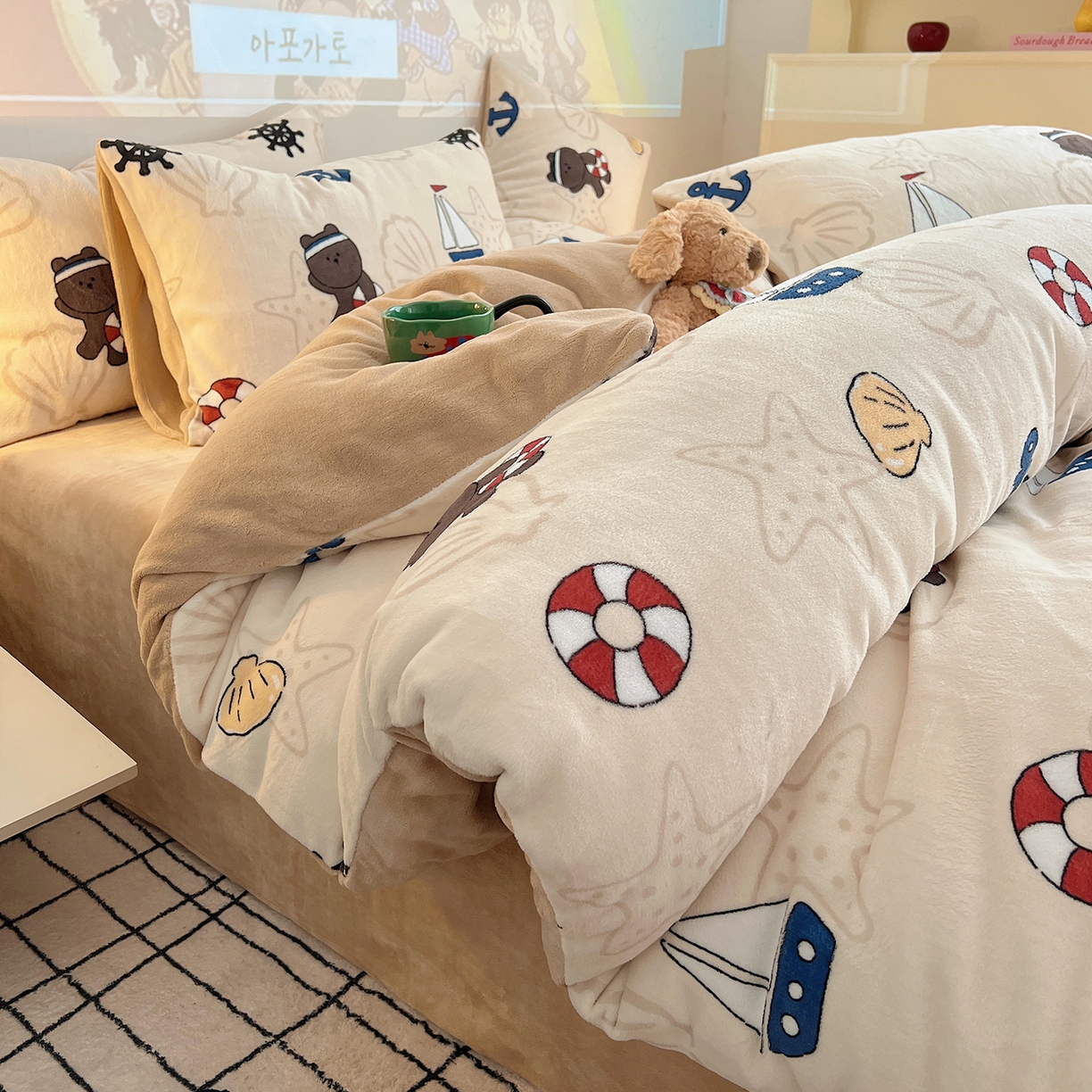 91家纺网 家纺一手货源 找家纺 瑞莱 2025新款A类200克高克重秋冬印花牛奶绒四件套-卡通系列 远航