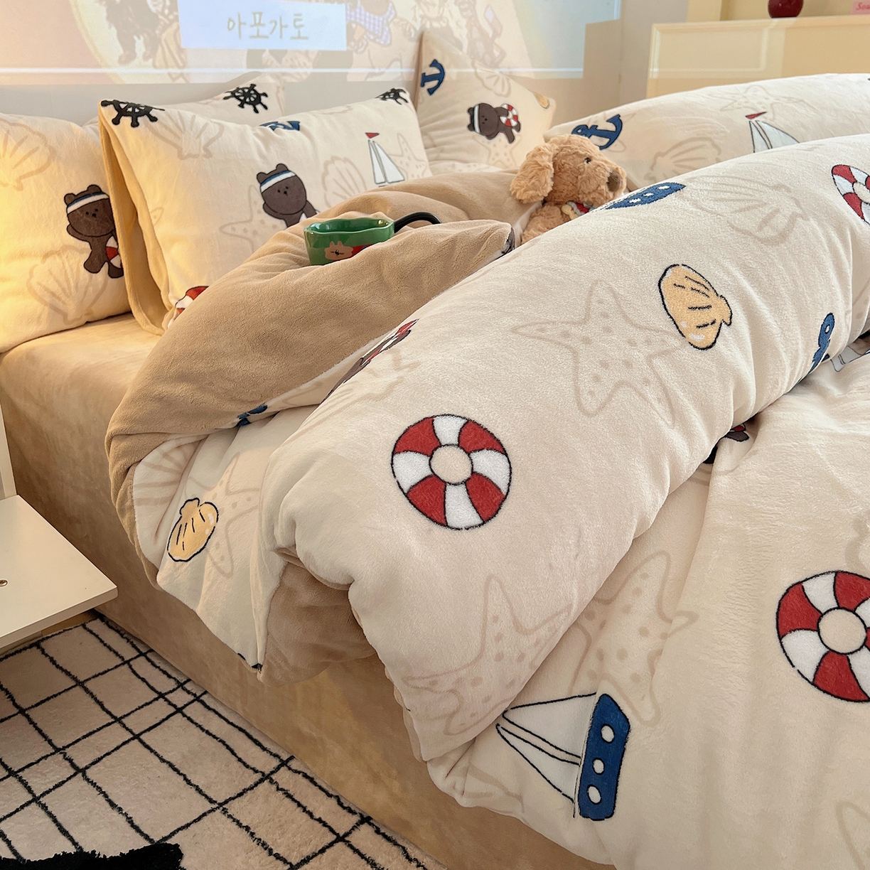 91家纺网 家纺一手货源 找家纺 瑞莱 2025新款A类200克高克重秋冬印花牛奶绒四件套-卡通系列 远航