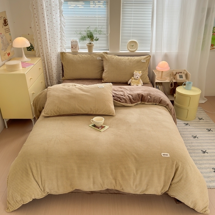 91家纺网 家纺一手货源 找家纺 （总）十里居 2025新款lns奶油双拼华夫格烂花牛奶绒四件套 华夫格系列