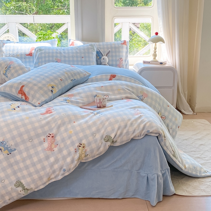 91家纺网 家纺一手货源 找家纺 豫见家纺 2025新款牛奶绒印花四件套 恐龙时代