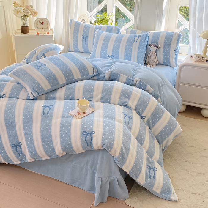 豫见家纺 2025新款牛奶绒印花四件套 蓝丝带