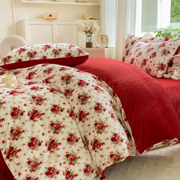 91家纺网 家纺一手货源 找家纺 豫见家纺 2025新款牛奶绒印花四件套 玫瑰物语