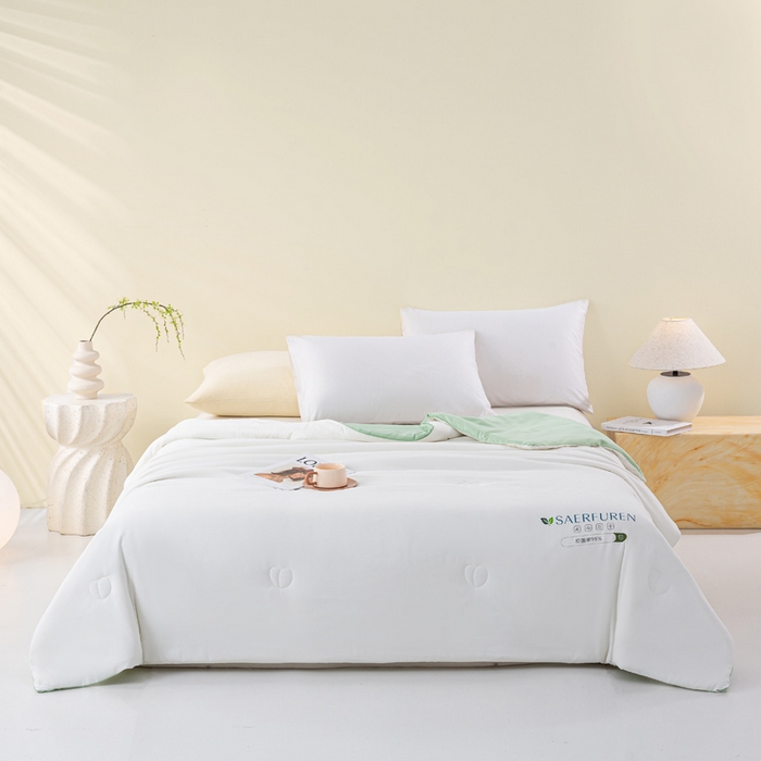 91家纺网 家纺一手货源 找家纺 憨豆2025新款升级双拼夏被空调被纯色夏凉被大豆纤维被子被芯直播跨境【含质检报告买家秀】小仙被-果绿白