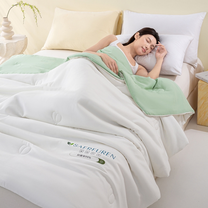 91家纺网 家纺一手货源 找家纺 憨豆2025新款升级双拼夏被空调被纯色夏凉被大豆纤维被子被芯直播跨境【含质检报告买家秀】小仙被-果绿白