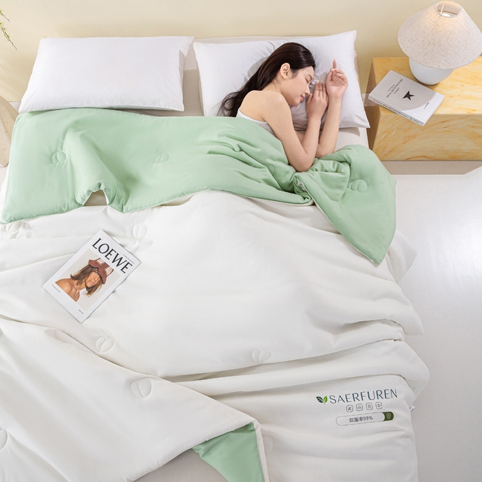 91家纺网 家纺一手货源 找家纺 憨豆2025新款升级双拼夏被空调被纯色夏凉被大豆纤维被子被芯直播跨境【含质检报告买家秀】小仙被-果绿白