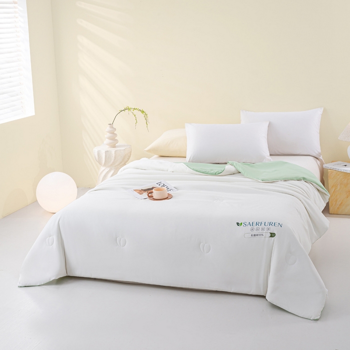 91家纺网 家纺一手货源 找家纺 憨豆2025新款升级双拼夏被空调被纯色夏凉被大豆纤维被子被芯直播跨境【含质检报告买家秀】小仙被-果绿白