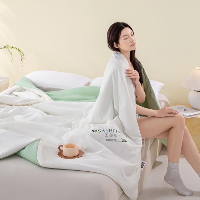 91家纺网 家纺一手货源 找家纺 憨豆2025新款升级双拼夏被空调被纯色夏凉被大豆纤维被子被芯直播跨境【含质检报告买家秀】小仙被-果绿白