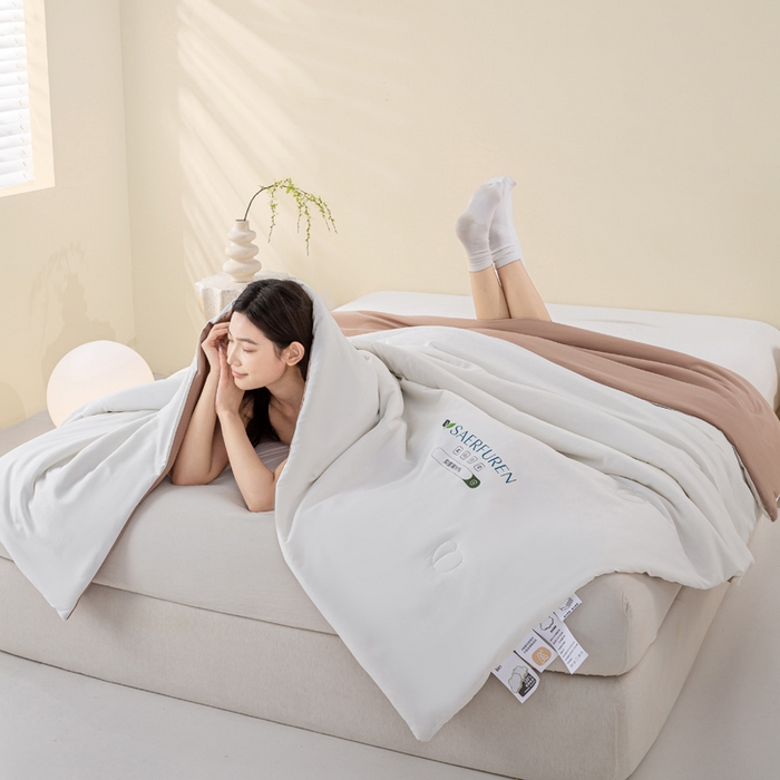 91家纺网 家纺一手货源 找家纺 憨豆2025新款升级双拼夏被空调被纯色夏凉被大豆纤维被子被芯直播跨境【含质检报告买家秀】小仙被-卡其白