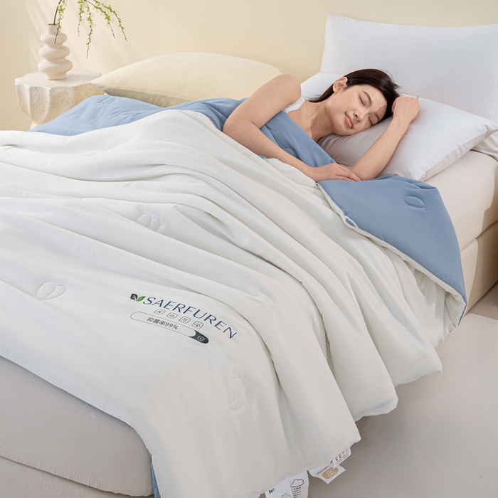 91家纺网 家纺一手货源 找家纺 憨豆2025新款升级双拼夏被空调被纯色夏凉被大豆纤维被子被芯直播跨境【含质检报告买家秀】小仙被-蓝白