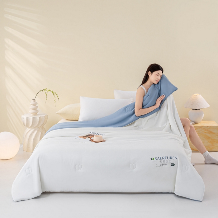 91家纺网 家纺一手货源 找家纺 憨豆2025新款升级双拼夏被空调被纯色夏凉被大豆纤维被子被芯直播跨境【含质检报告买家秀】小仙被-蓝白