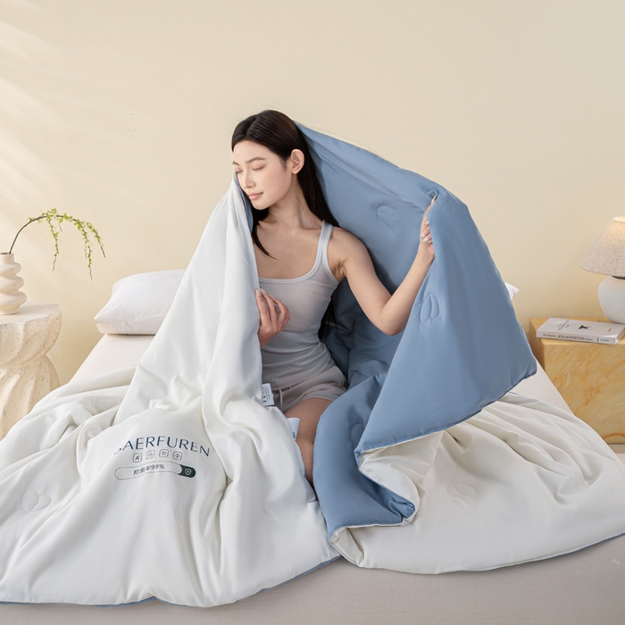 91家纺网 家纺一手货源 找家纺 憨豆2025新款升级双拼夏被空调被纯色夏凉被大豆纤维被子被芯直播跨境【含质检报告买家秀】小仙被-蓝白