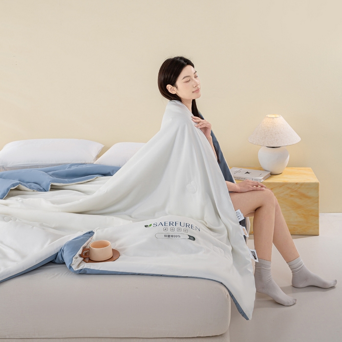 91家纺网 家纺一手货源 找家纺 憨豆2025新款升级双拼夏被空调被纯色夏凉被大豆纤维被子被芯直播跨境【含质检报告买家秀】小仙被-蓝白
