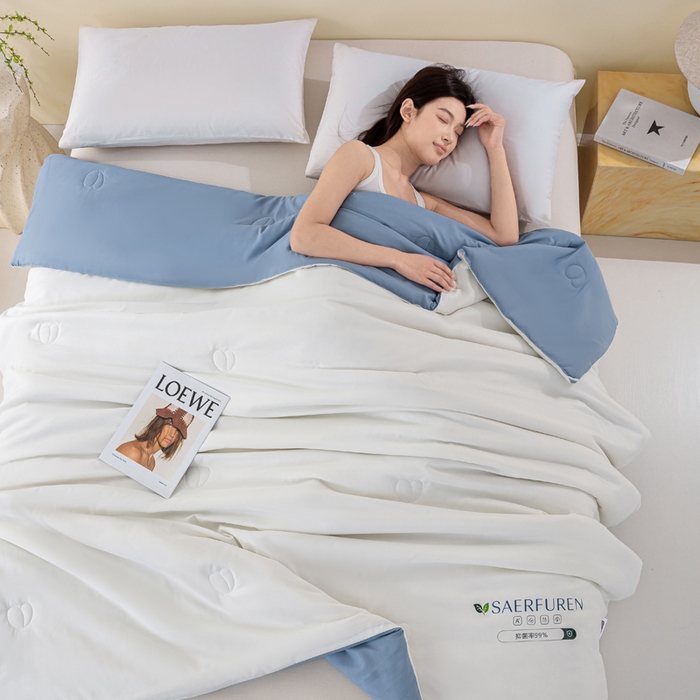 91家纺网 家纺一手货源 找家纺 憨豆2025新款升级双拼夏被空调被纯色夏凉被大豆纤维被子被芯直播跨境【含质检报告买家秀】小仙被-蓝白