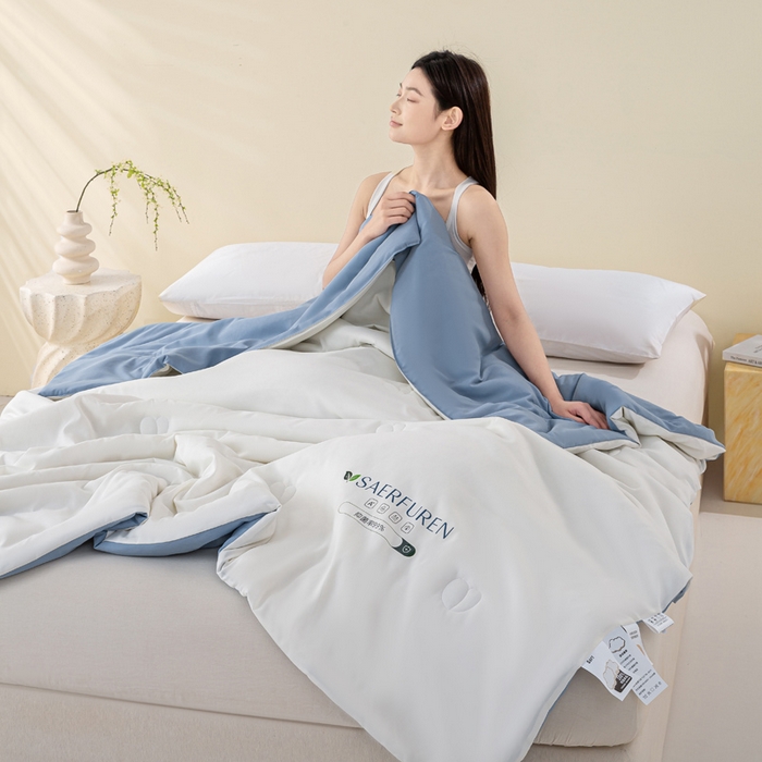 91家纺网 家纺一手货源 找家纺 憨豆2025新款升级双拼夏被空调被纯色夏凉被大豆纤维被子被芯直播跨境【含质检报告买家秀】小仙被-蓝白