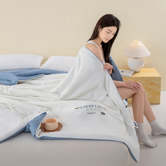91家纺网 家纺一手货源 找家纺 憨豆2025新款升级双拼夏被空调被纯色夏凉被大豆纤维被子被芯直播跨境【含质检报告买家秀】小仙被-蓝白