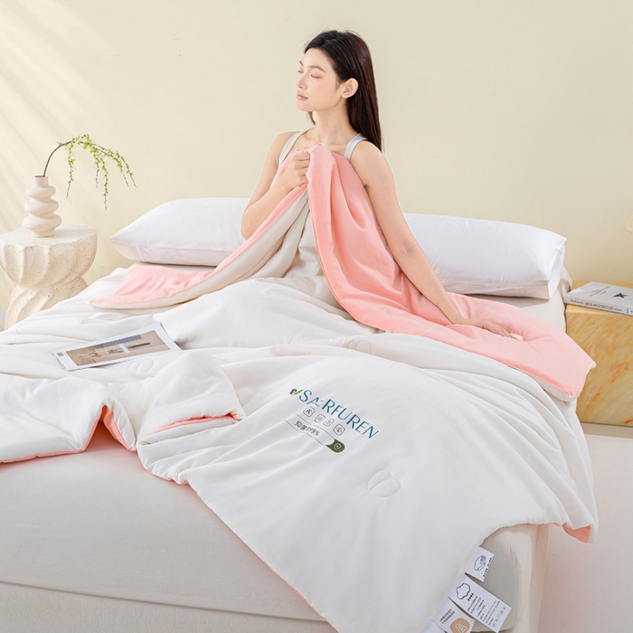 91家纺网 家纺一手货源 找家纺 憨豆2025新款升级双拼夏被空调被纯色夏凉被大豆纤维被子被芯直播跨境【含质检报告买家秀】小仙被-浅粉白