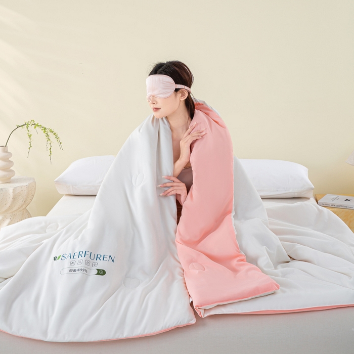 91家纺网 家纺一手货源 找家纺 憨豆2025新款升级双拼夏被空调被纯色夏凉被大豆纤维被子被芯直播跨境【含质检报告买家秀】小仙被-浅粉白