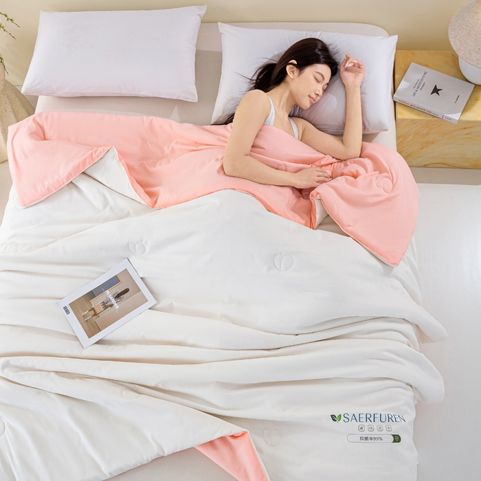 91家纺网 家纺一手货源 找家纺 憨豆2025新款升级双拼夏被空调被纯色夏凉被大豆纤维被子被芯直播跨境【含质检报告买家秀】小仙被-浅粉白