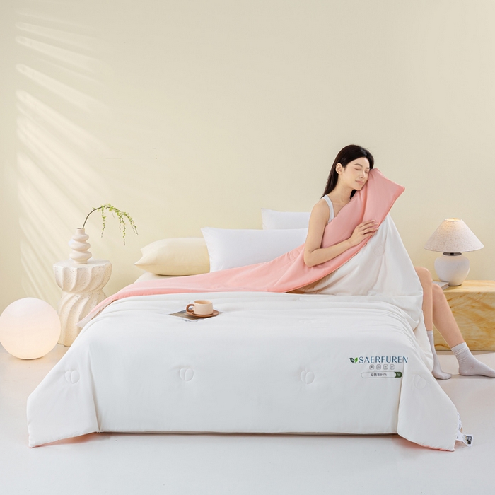 91家纺网 家纺一手货源 找家纺 憨豆2025新款升级双拼夏被空调被纯色夏凉被大豆纤维被子被芯直播跨境【含质检报告买家秀】小仙被-浅粉白