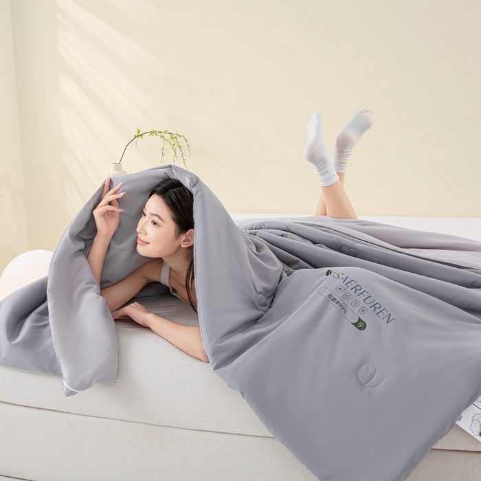 91家纺网 家纺一手货源 找家纺 憨豆2025新款升级双拼夏被空调被纯色夏凉被大豆纤维被子被芯直播跨境【含质检报告买家秀】小仙被-深浅灰