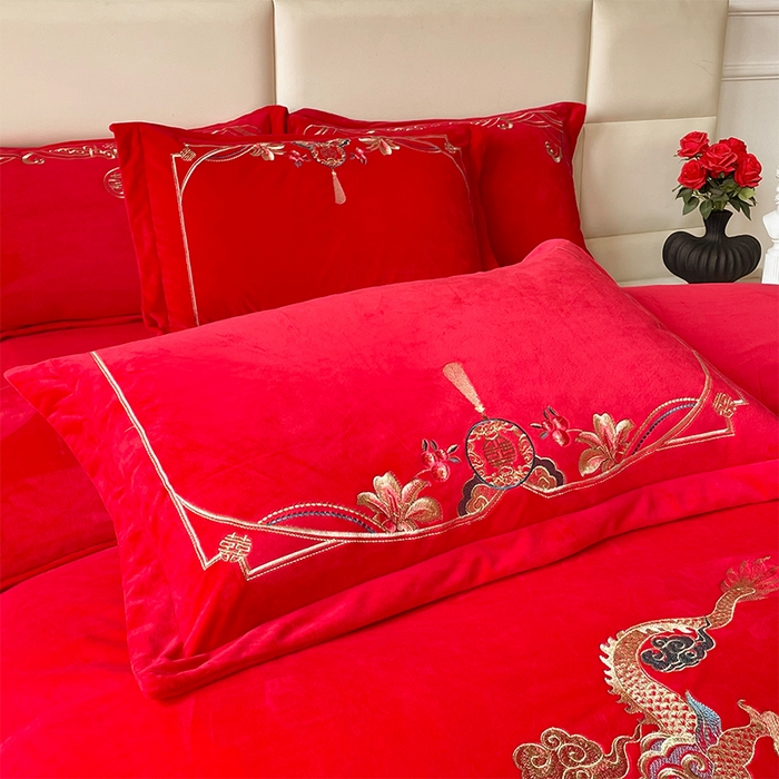 91家纺网 家纺一手货源 找家纺 富之雅婚庆 2025新款高克重全工艺牛奶绒宝宝绒刺绣婚庆单枕套 龙凤双喜