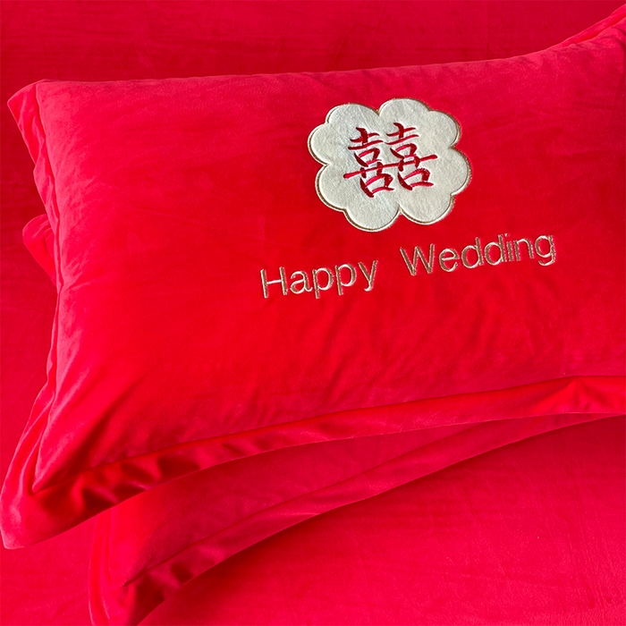 富之雅婚庆 2025新款高克重全工艺牛奶绒宝宝绒刺绣婚庆单枕套 喜事连连
