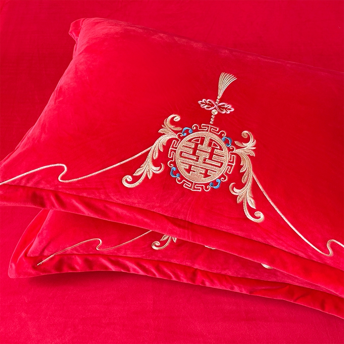 富之雅婚庆 2025新款高克重全工艺牛奶绒宝宝绒刺绣婚庆单枕套 缘定三生