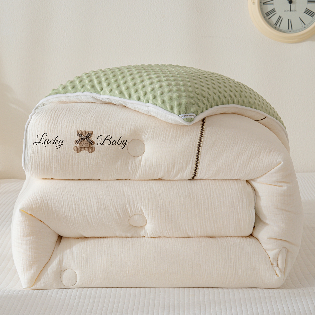 91家纺网 家纺一手货源 找家纺 芯恋家居 2025新款小香风A类母婴级全棉双层纱宝宝绒豆豆被保暖四季被 小香织带熊-奶白绿