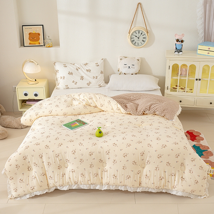 91家纺网 家纺一手货源 找家纺 芯恋家居 2025新款全棉皱皱纱双层纱豆豆被大豆被可爱喵喵